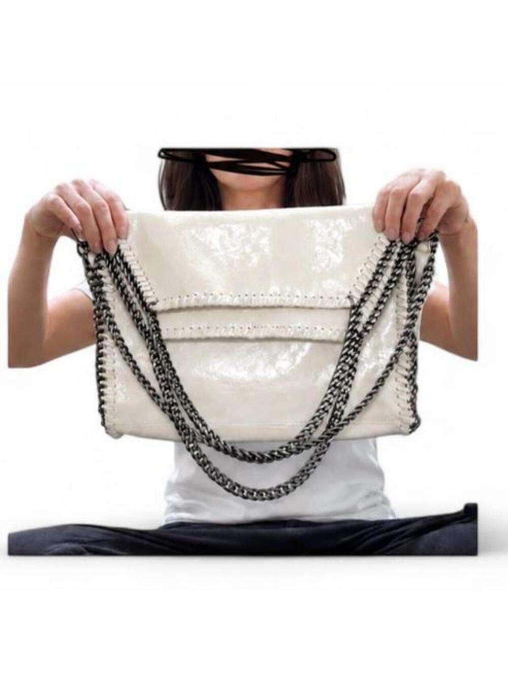 Large Genuine Leather Bag with Gunmetal Chain and Shimmery Finish